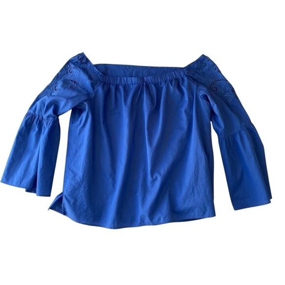 Chico's Royal Blue Off the Shoulder Top with Bell Sleeves - Size 2 Large - Picture 3 of 7